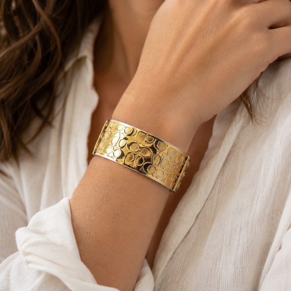 Coach Signature C Wide Bangle Bracelet Gold Silver Tone Logo Cuff